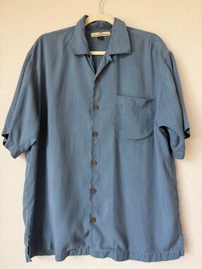 Tommy Bahama Silk Camp Shirt Dusty Blue Solid Short Sleeve Button Up M